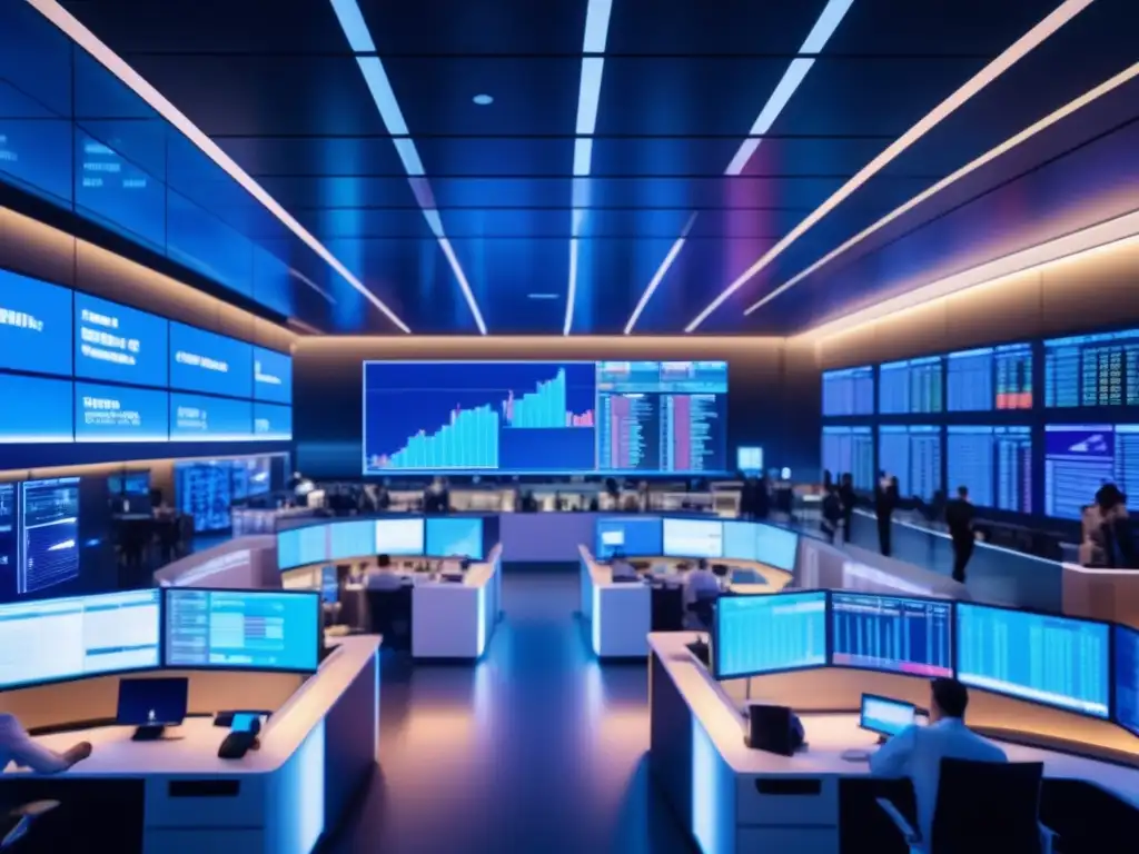 Escena dinámica de un mercado financiero global Influencia economía global en inversiones: escena detallada del mercado financiero con traders en trajes modernos realizando intensas transacciones