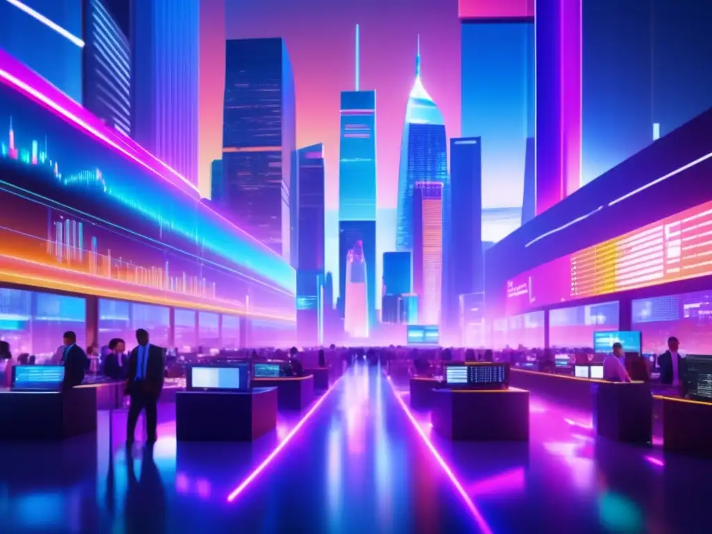 Mercado financiero global: Futurista ciudad con rascacielos iluminados Influencia economía global en inversiones: Futurista y vibrante escena de mercado financiero con rascacielos, traders y datos holográficos