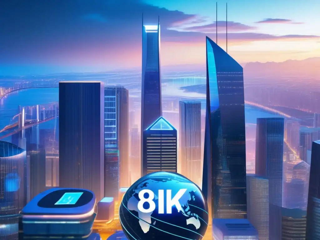 Futuro financiero global en 8k Influencia economía global en inversiones: ciudad futurista con rascacielos corporativos, datos y gráficos bursátiles