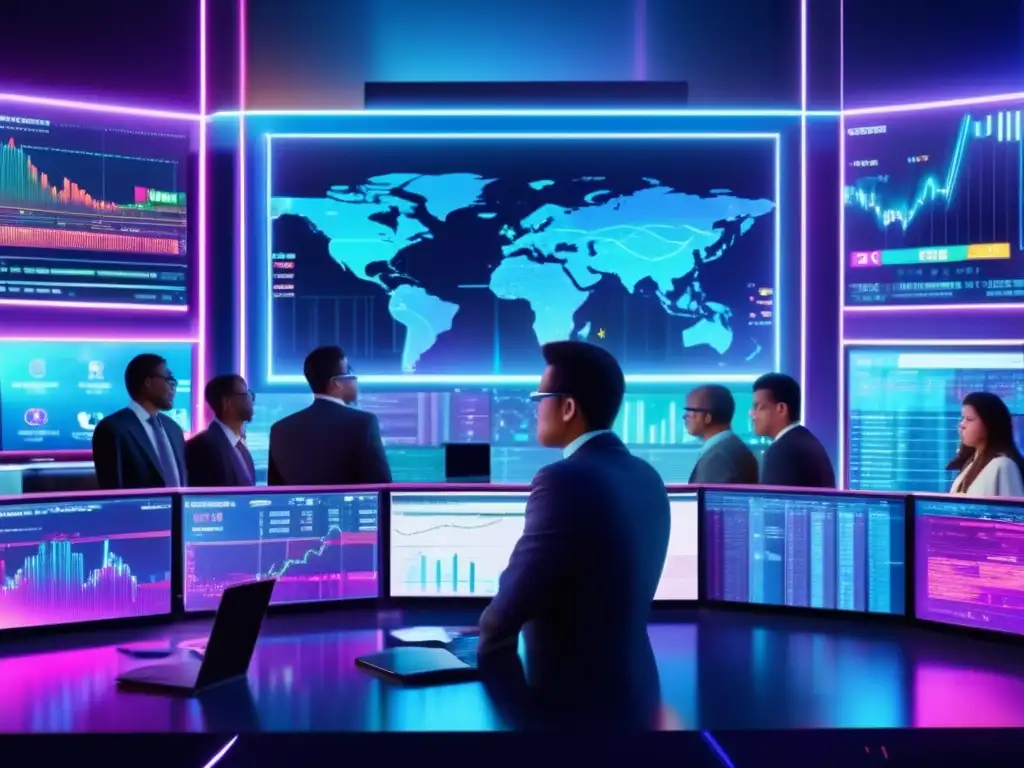 Mercado financiero global futurista y moderno Influencia economía global en inversiones: Imagen futurista de mercado financiero con traders, tecnología avanzada y datos en tiempo real