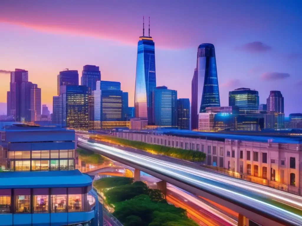 Skyline urbano vibrante al anochecer Influencia gobierno en inversiones comerciales