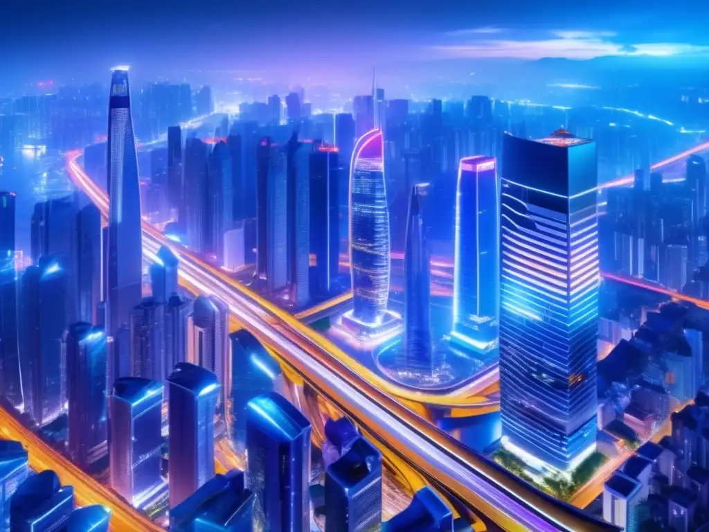 Ciudad asiática nocturna llena de vida y modernidad Influencia del Milagro Económico Asiático: Ciudad asiática vibrante de noche, con rascacielos futuristas y red de trenes de alta velocidad, simbolizando progreso, multiculturalismo y oportunidades
