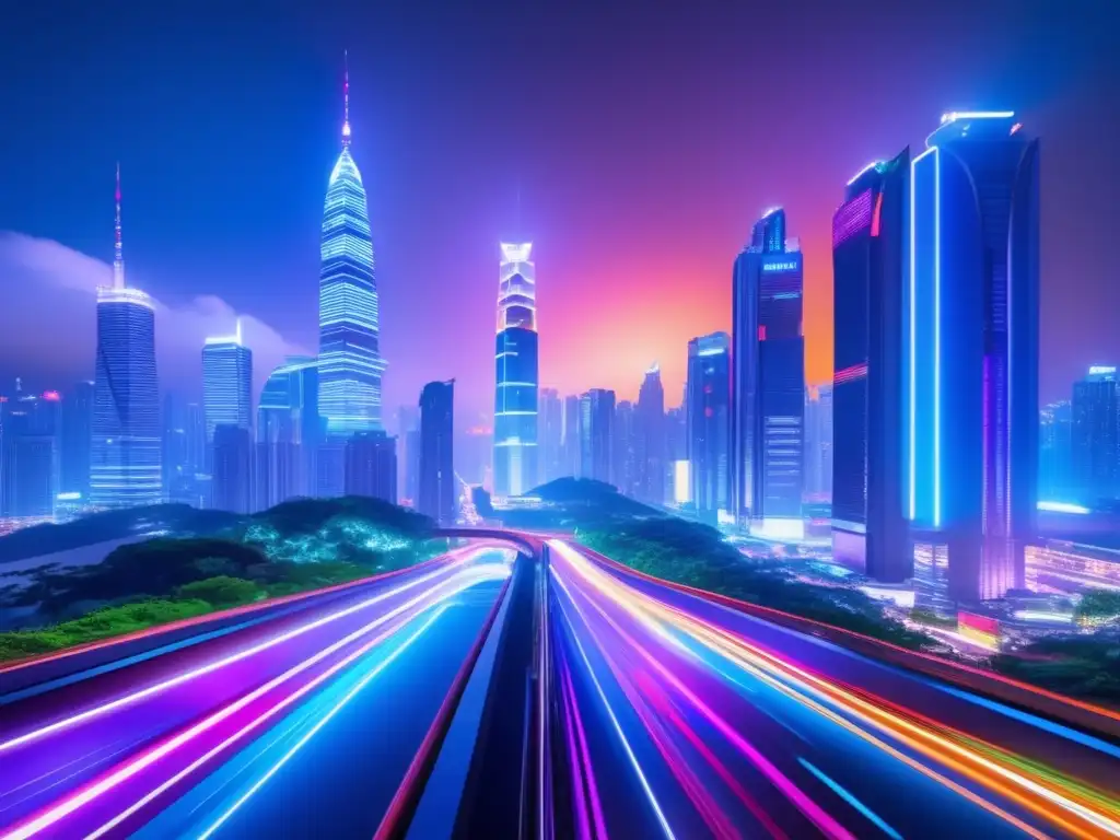 Ciudad asiática moderna y vibrante Influencia Milagro Económico Asiático: Ciudad nocturna vibrante, con rascacielos, luces de neón, coches futuristas y naturaleza