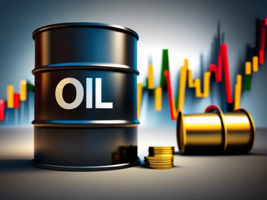 Influencia del petróleo en mercados financieros Influencia del petróleo en mercados financieros: barril de petróleo sobre gráficos de mercado y ciudad futurista