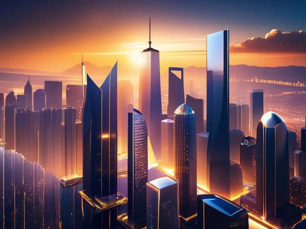 Ciudad futurista con influencia del petróleo Influencia petróleo en mercados financieros: ciudad futurista con rascacielos, distrito financiero, datos de bolsa y una plataforma petrolera