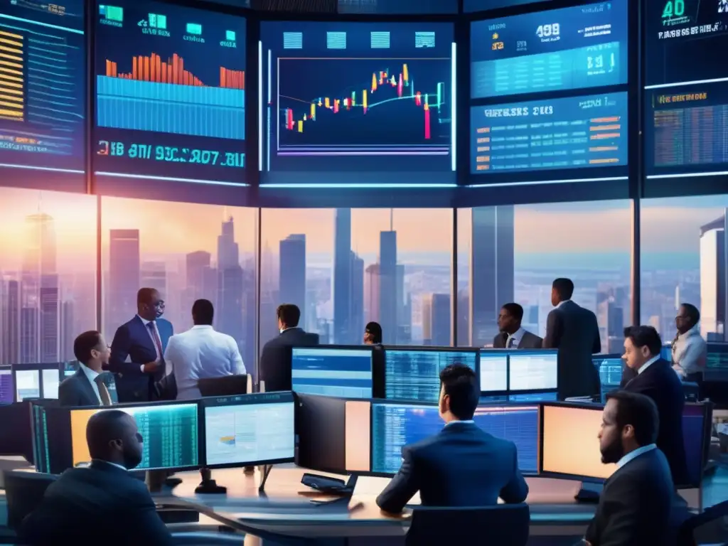 Bolsa de valores y rascacielos Influencia del petróleo en mercados financieros: sala de operaciones con traders monitoreando gráficos y precios en tiempo real