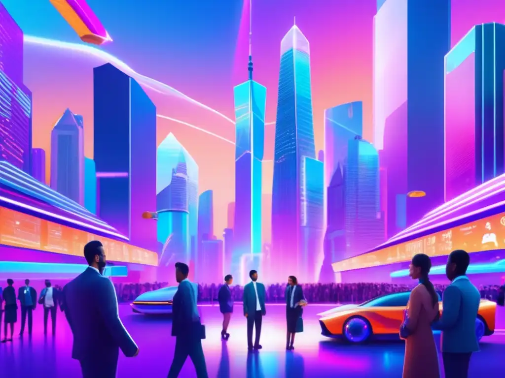 Ciudad futurista con regulaciones criptográficas Influencia de la política en las criptomonedas en una futurista ciudad con rascacielos, hologramas y discusiones empresariales