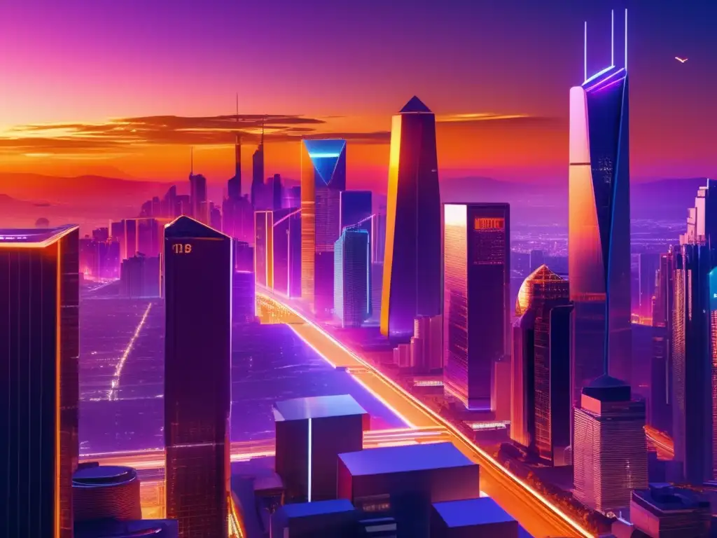 Ciudad futurista al atardecer con rascacielos y criptomonedas Influencia política en criptomonedas: Ciudad futurista y dinámica con rascacielos, luces de neón y símbolos criptográficos