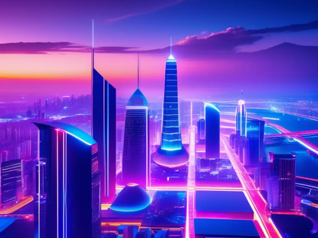 Ciudad futurista: luces neón y arquitectura moderna Influencia de la política monetaria en una ciudad futurista iluminada por luces neón, reflejando el avance de la era digital