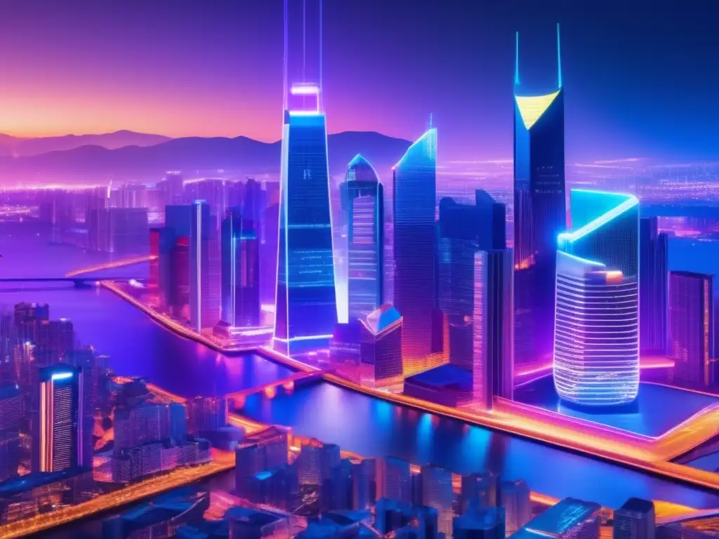 Futuro de las políticas monetarias Influencia de políticas monetarias en bonos: Futurista ciudad nocturna con rascacielos iluminados y profesionales en discusión