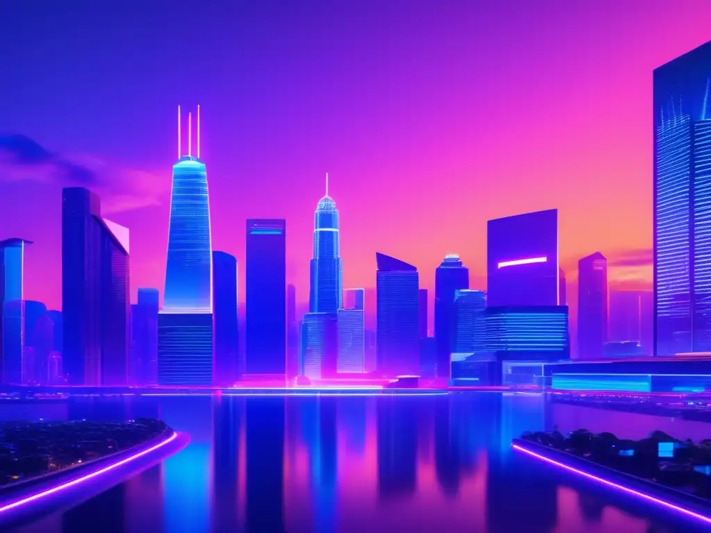Futurista ciudad cripto Influencia en redes: ciudad futurista, criptomonedas y personas discutiendo en torno a inversiones