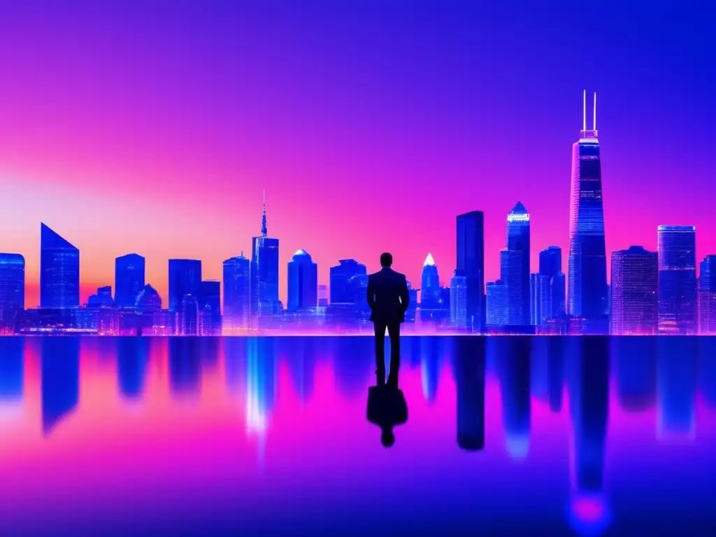 Ciudad moderna al atardecer: progreso y confianza Influencia redes sociales en inversión: Ciudad moderna al anochecer, edificios altos reflejando luces vibrantes, cielo púrpura y azul