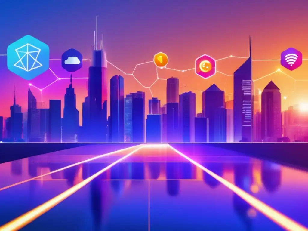 Ciudad futurista con redes sociales y criptomonedas Influencia redes sociales criptomonedas: ciudad futurista con rascacielos, iconos de redes sociales y colores vibrantes