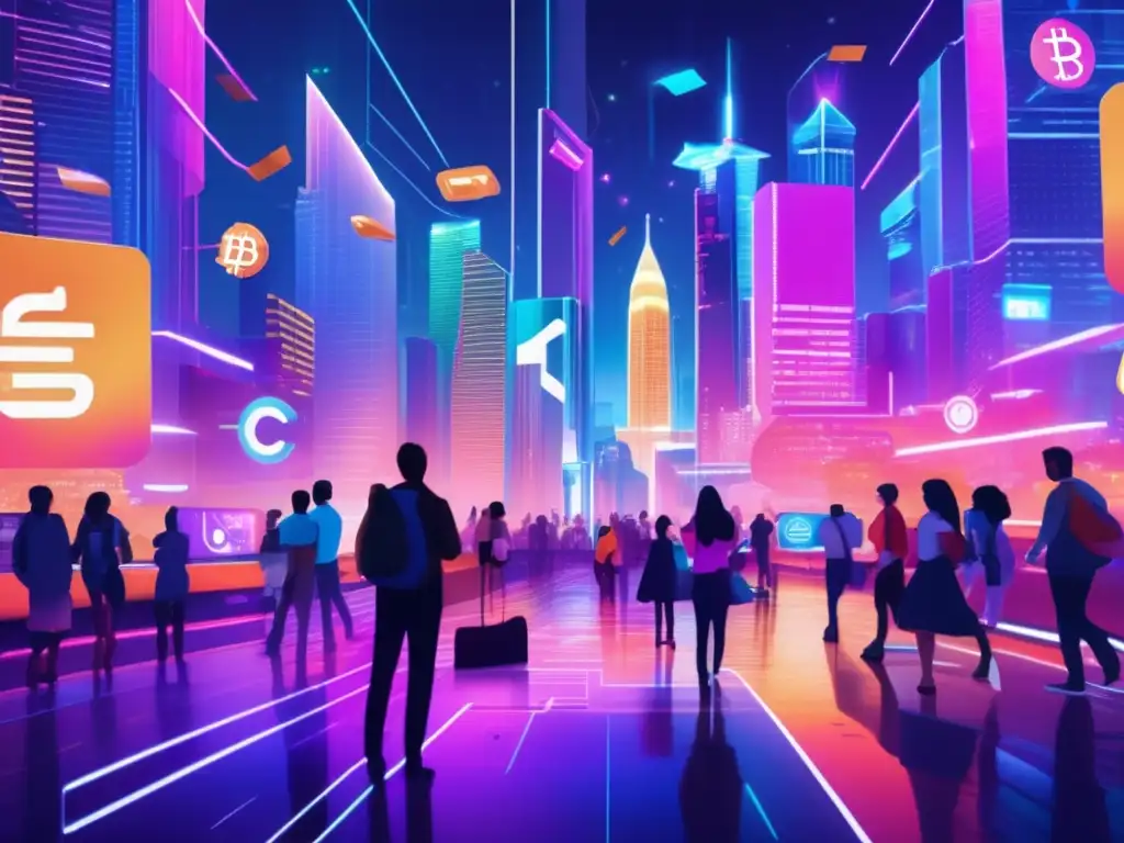 Ciudad virtual vibrante con criptomonedas Influencia redes sociales criptomonedas: ciudad virtual vibrante con usuarios intercambiando conocimientos y colaborando en análisis de datos