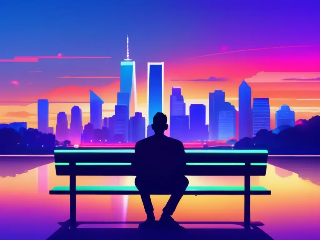 Ciudad moderna al atardecer: estrés e inversores Influencia redes sociales en inversión: moderna ciudad al atardecer con rascacielos iluminados, persona reflexiva con smartphone en mano
