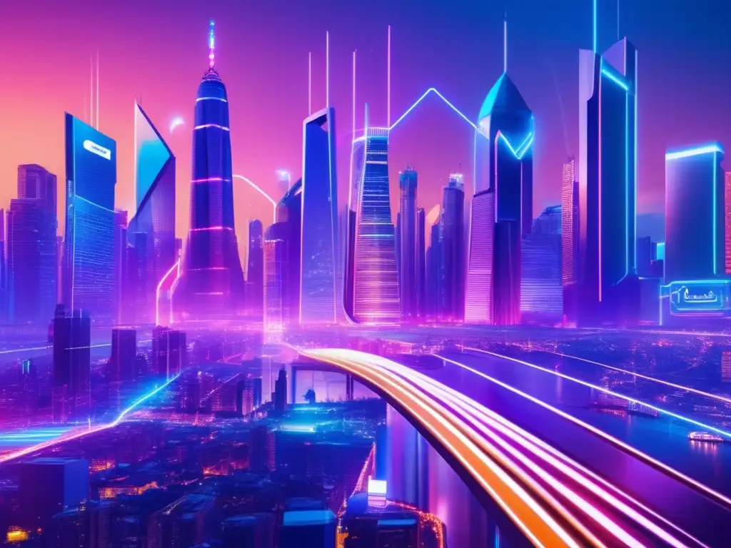 Futurista ciudad con rascacielos y redes sociales Influencia redes sociales en inversores: Futurista ciudad con rascacielos, luces neón y pulsantes íconos sociales