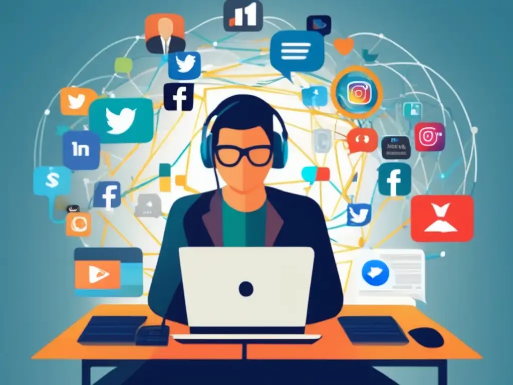 Impacto de redes sociales en inversiones Influencia redes sociales en inversión: ilustración moderna y detallada de persona frente a pantalla con plataformas y gráficos financieros