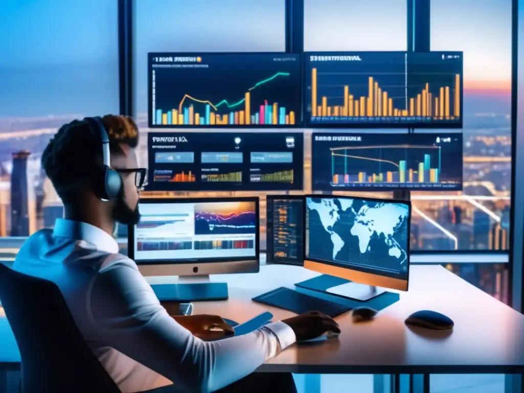 Persona enfocada en redes sociales y finanzas Influencia de redes sociales en inversión: persona en oficina moderna, rodeada de pantallas con datos financieros y redes sociales, reflexionando sobre su impacto