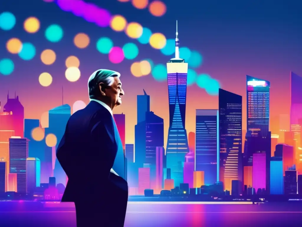 Ciudad moderna iluminada al anochecer Influencia de Soros en monedas: Ciudad moderna con rascacielos iluminados y actividad vibrante