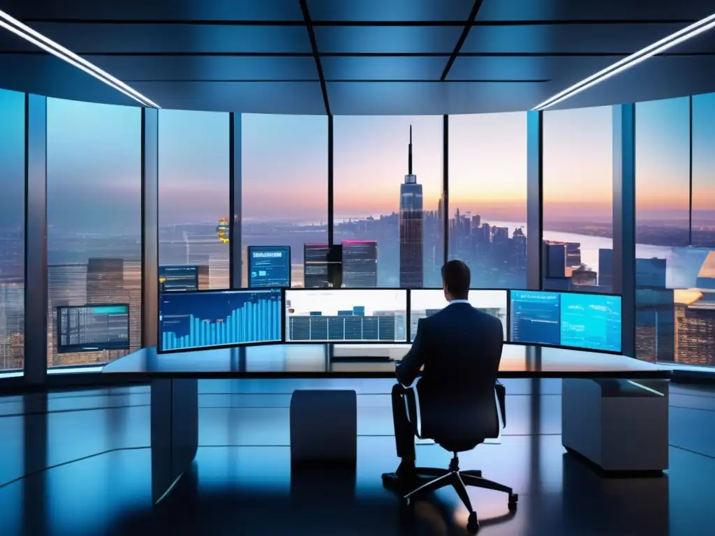 Piso de operaciones financieras moderno Influencia de Soros en monedas: Sala de trading moderna y futurista, con traders analizando datos de mercado y tomando decisiones estratégicas