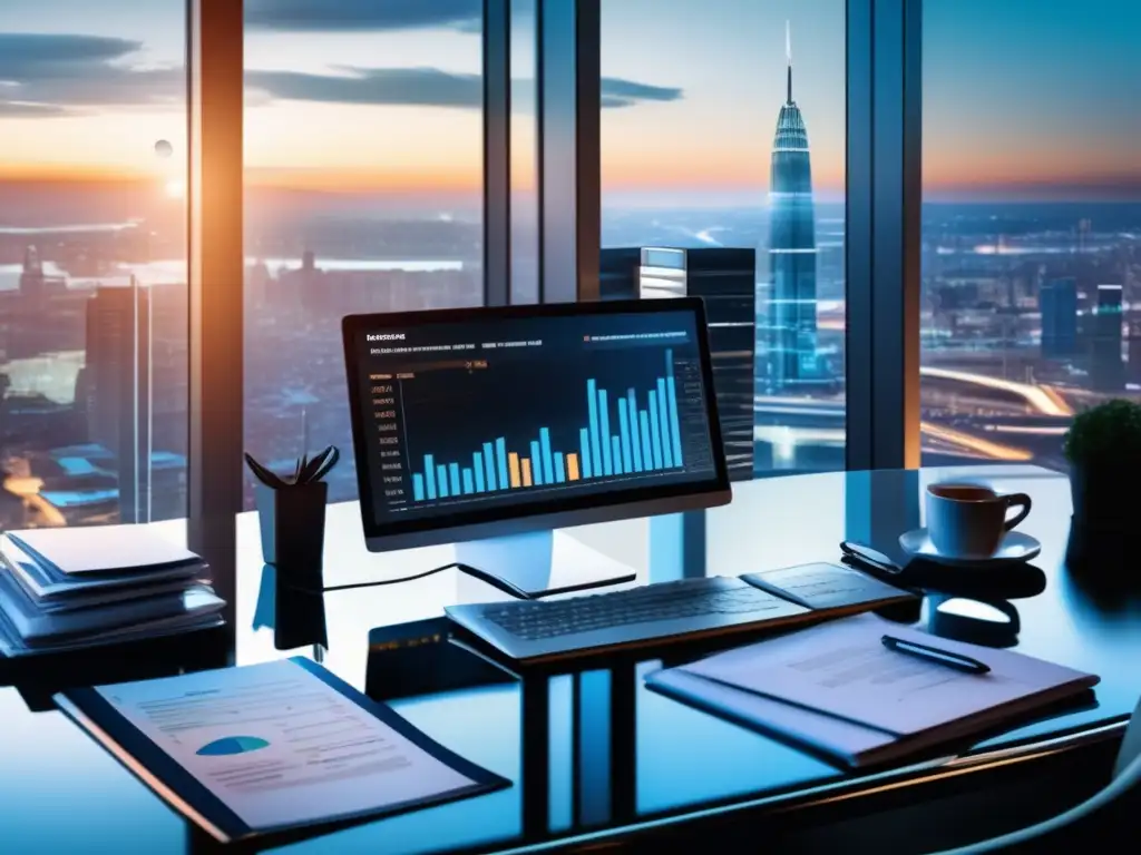 Oficina moderna con escritorio de vidrio y gráficos financieros Informes financieros para invertir en una oficina moderna con vista panorámica a la ciudad