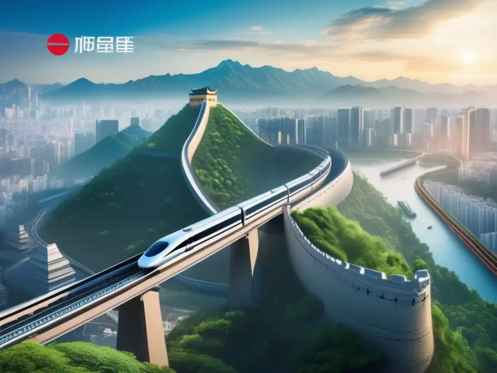 Futuro urbano: Asia moderna, sostenible y conectada Infraestructura asiática: Ciudad futurista con rascacielos, tren bala, Gran Muralla de China y puerto de Colombo