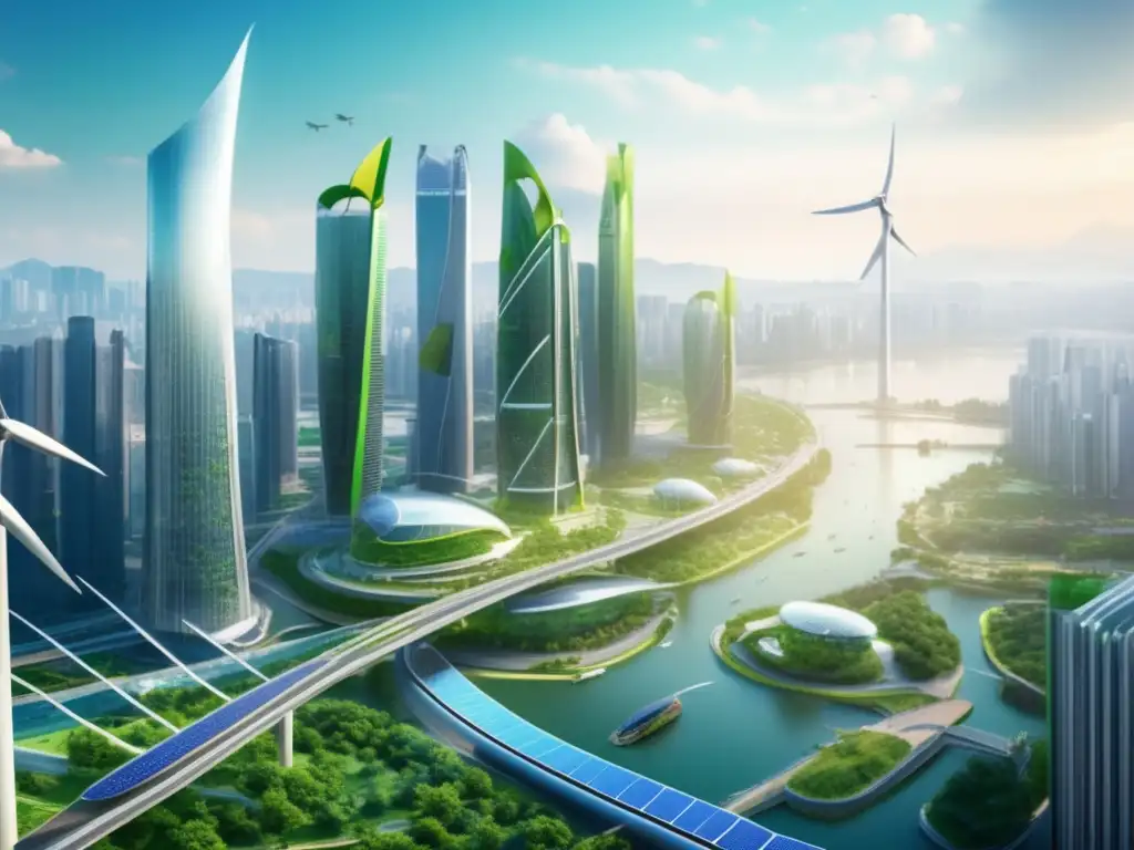 Ciudad asiática sostenible y futurista con energía renovable Infraestructura asiática con mejores apuestas en energía renovable, tecnología y logística