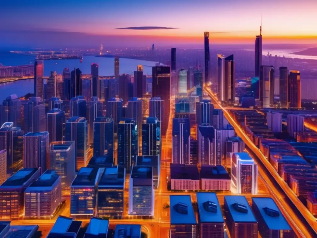 Ciudad moderna al atardecer con rascacielos Generar ingresos pasivos con propiedades residenciales en una moderna ciudad al atardecer