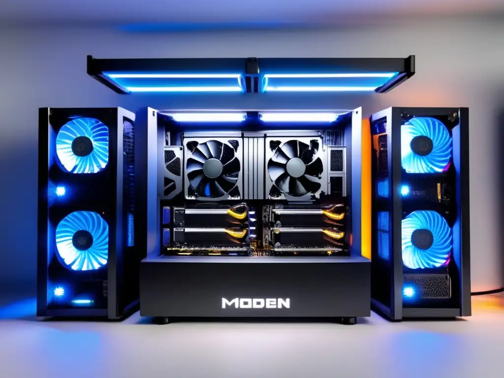Equipo de minería de Bitcoin moderno y sofisticado Inicio seguro en minería de Bitcoin: moderno equipo de minería con tarjetas gráficas potentes, ventiladores de enfriamiento y elegante carcasa negra