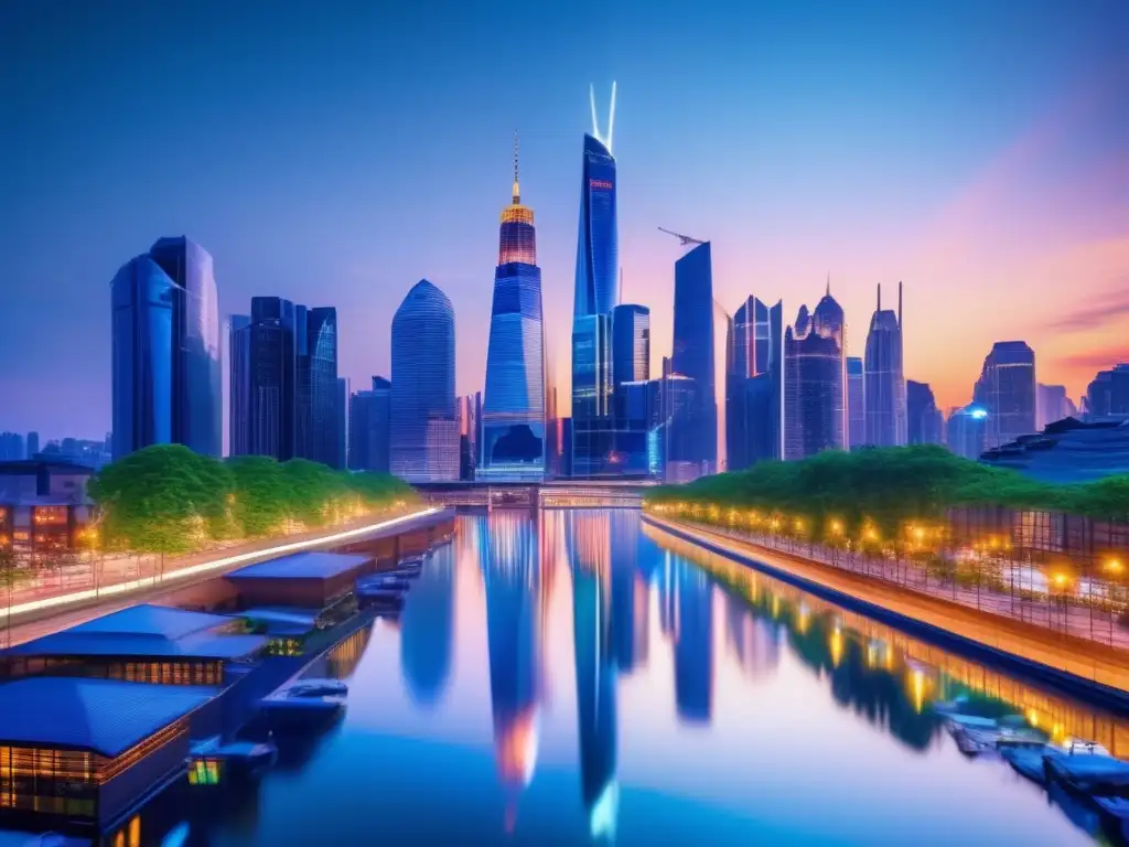 Fascinante ciudad nocturna con rascacielos modernos iluminados en el agua Psicología inversión inmobiliaria: comportamiento mercado - Ciudad futurista en crecimiento, rascacielos iluminados, reflejo en río