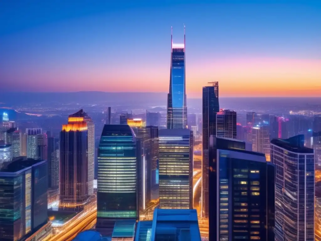 Ciudad moderna al atardecer Psicología inversión inmobiliaria: comportamiento mercado, skyline moderno al atardecer