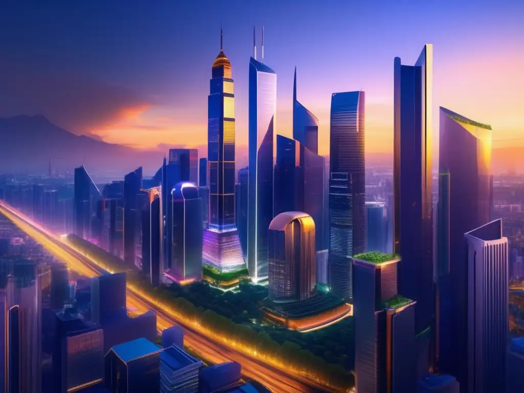 Moderna ciudad con rascacielos y atardecer Inmueble urbano 8k con skyline moderno y luces doradas del atardecer - Consejos para adquirir inmueble sin capital propio