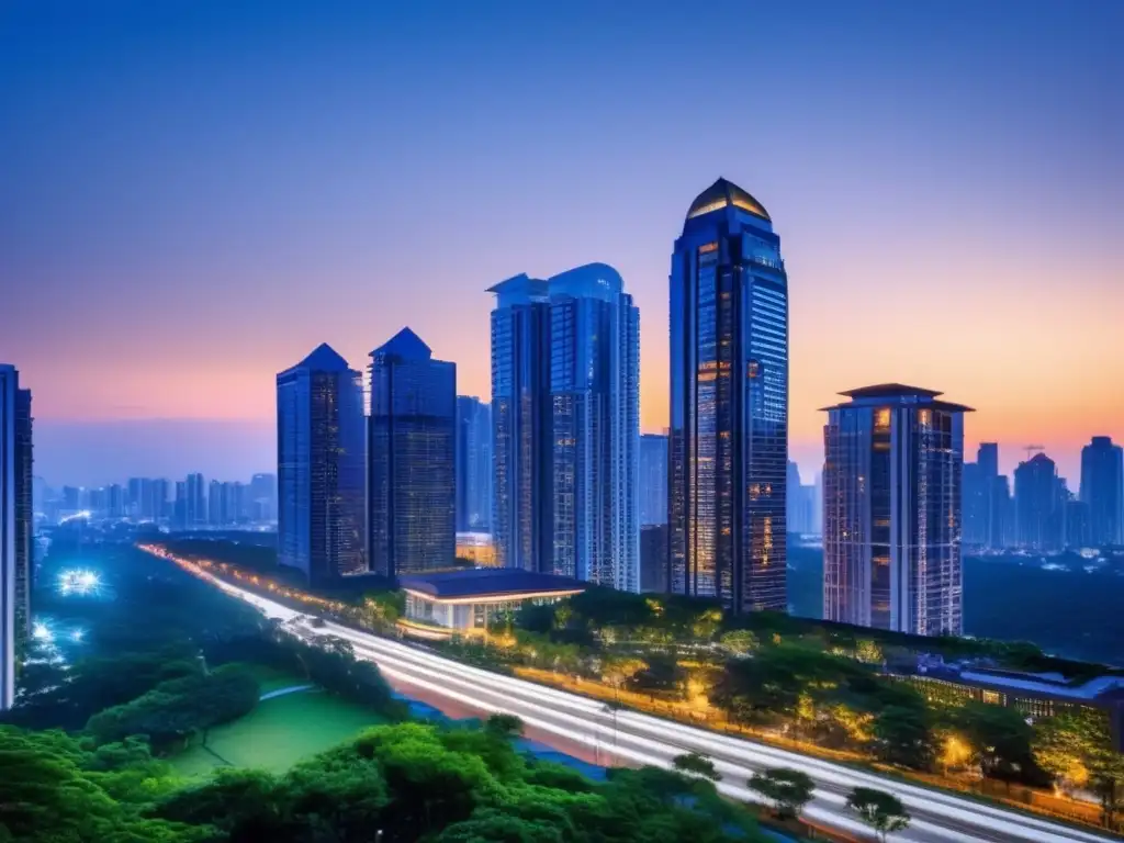Moderna ciudad al atardecer con rascacielos y condominio de lujo Invertir en inmuebles con apalancamiento - Ciudad moderna al atardecer, rascacielos iluminados, vivienda de lujo en primer plano