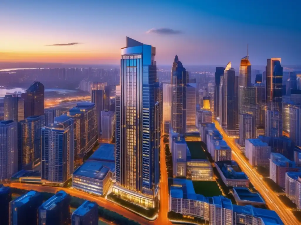 Ciudad moderna iluminada al atardecer Invertir en inmuebles con apalancamiento en una moderna ciudad con rascacielos, reflejando éxito y sofisticación