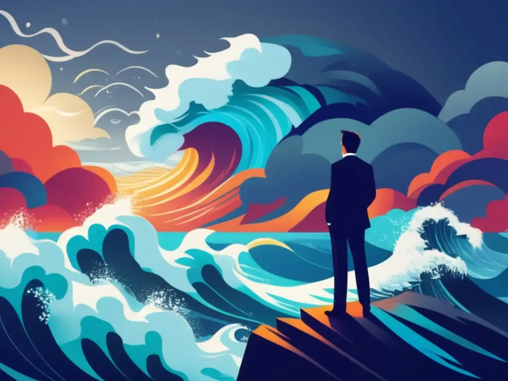 Desarrollando inmunidad psicológica en el mundo financiero Construir inmunidad psicológica financiera: persona en acantilado rodeada de olas turbulentas, traje de negocios, rostro tranquilo