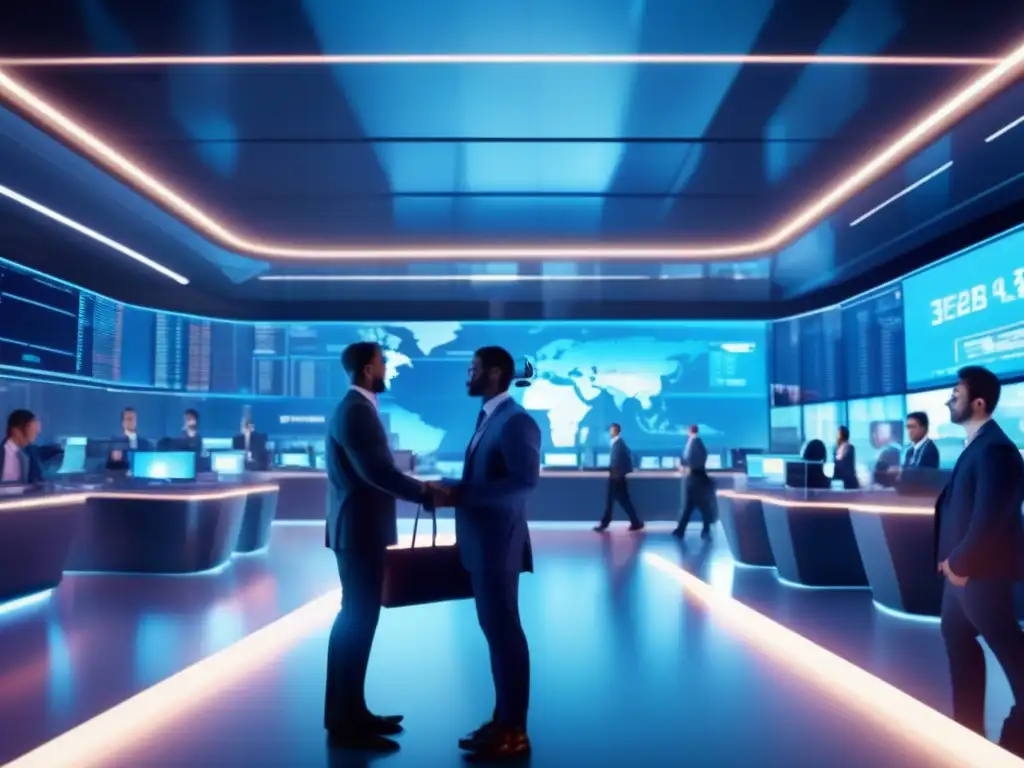 Traders en ambiente futurista Innovaciones bolsas de valores en un futurista piso de trading 8k, iluminado en azul, con tecnología de vanguardia y traders profesionales