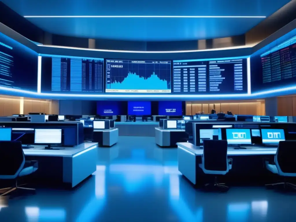 Futuro piso de bolsa innovador Innovaciones bolsas de valores: Futuro salón de trading en bolsa con traders en trajes elegantes y monitores ultramodernos