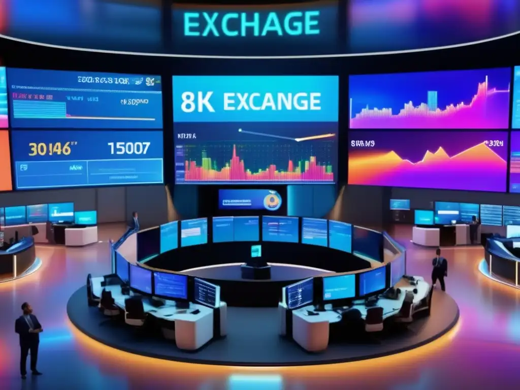 Futuro de la bolsa de valores: tecnología y traders Innovaciones bolsas de valores en una imagen 8k ultradetallada de una moderna sala de bolsa futurista, llena de actividad y tecnología avanzada