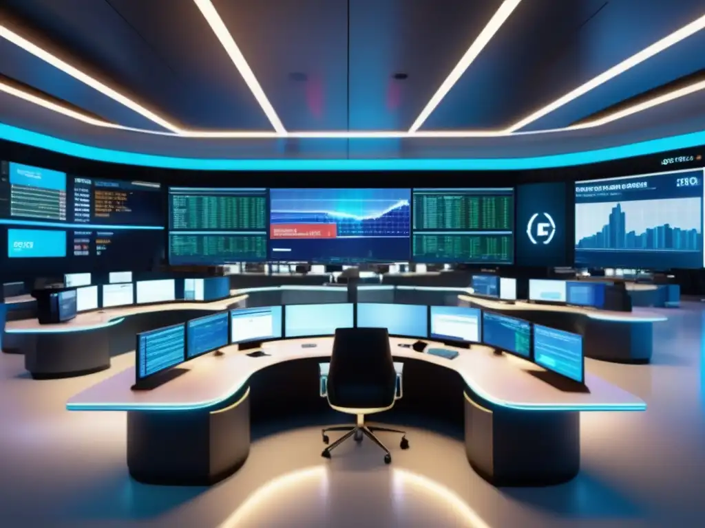 Futuro trading floor en bolsa Innovaciones bolsas de valores en trading room ultramoderno con tecnología holográfica y traders analizando datos