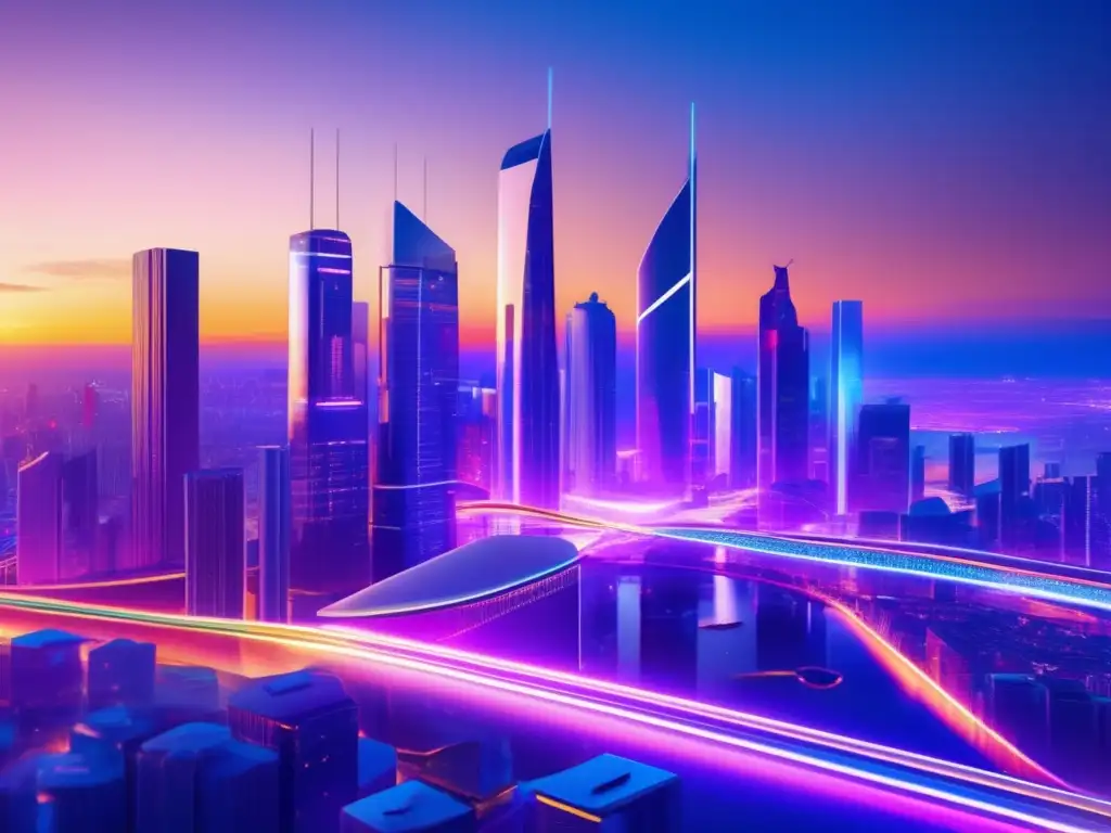Futuro ciudad tecnológica con crowdfunding Innovaciones en el crowdfunding y financiamiento colectivo: Futurista ciudad con edificios modernos, personas discutiendo ideas