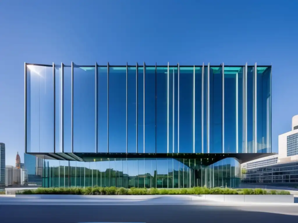 Edificio comercial futurista de vidrio eficiente Innovaciones en diseño de propiedades comerciales con fachada de vidrio energéticamente eficiente y paneles solares integrados