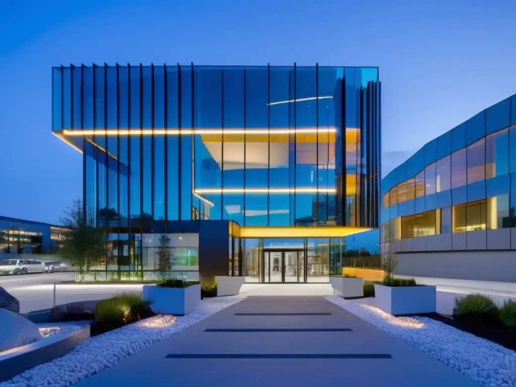 Exterior comercial moderno y vibrante con diseño innovador Innovaciones diseño propiedades comerciales: Exterior moderno con detalles geométricos, escultura futurista y espacios exteriores bien diseñados