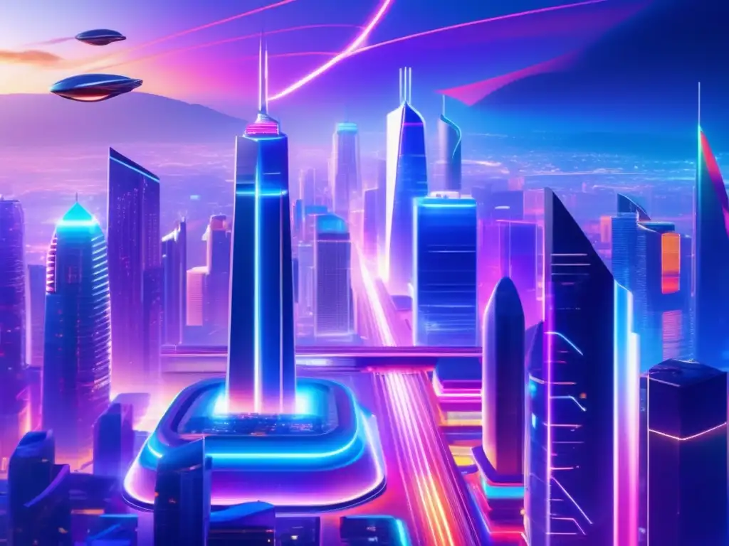 Futuro urbano tech y fintech Innovaciones Fintech para mejorar la experiencia financiera: una ciudad futurista con rascacielos de vidrio y acero, luces de neón y carros voladores