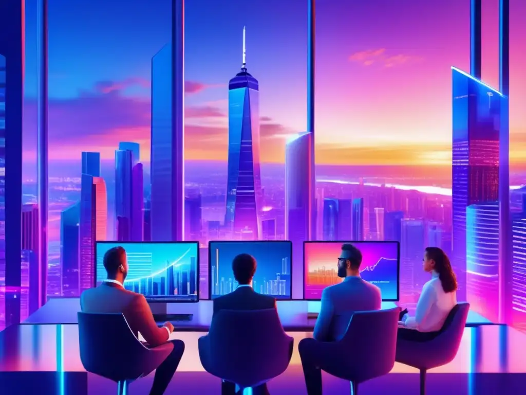 Futurista ciudad con tecnología avanzada y profesionales discutiendo Innovaciones Fintech para mejorar la experiencia financiera: Futurista ciudad con rascacielos, tecnología avanzada y profesionales discutiendo