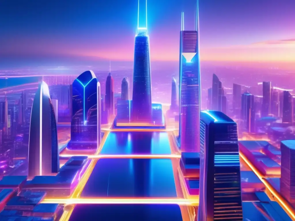 Futuro ciudad con rascacielos de vidrio Innovaciones Fintech para una experiencia financiera mejorada