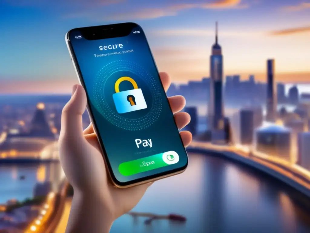 Smartphone seguro para transacciones móviles Innovaciones Fintech para mejorar la experiencia financiera - Smartphone seguro con icono de bloqueo y apps de pago