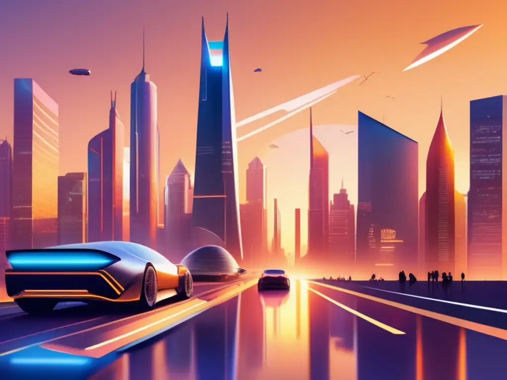 Ciudad financiera futurista con tecnología AI Innovaciones Fintech e IA en Finanzas: Ciudad financiera futurista al atardecer, con rascacielos de cristal reflejando el sol y símbolos flotantes
