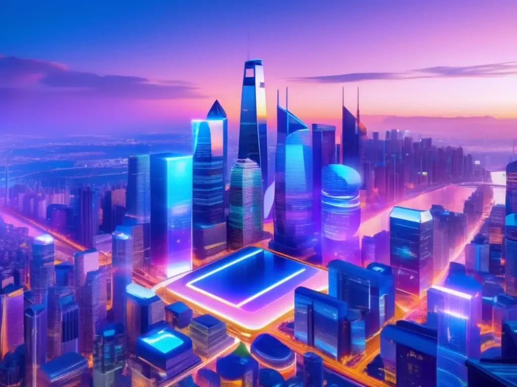 Convergencia Fintech-AI en Finanzas Innovaciones Fintech e IA en Finanzas: Ciudad futurista, rascacielos holográficos, profesionales discutiendo, tecnología financiera revolucionaria