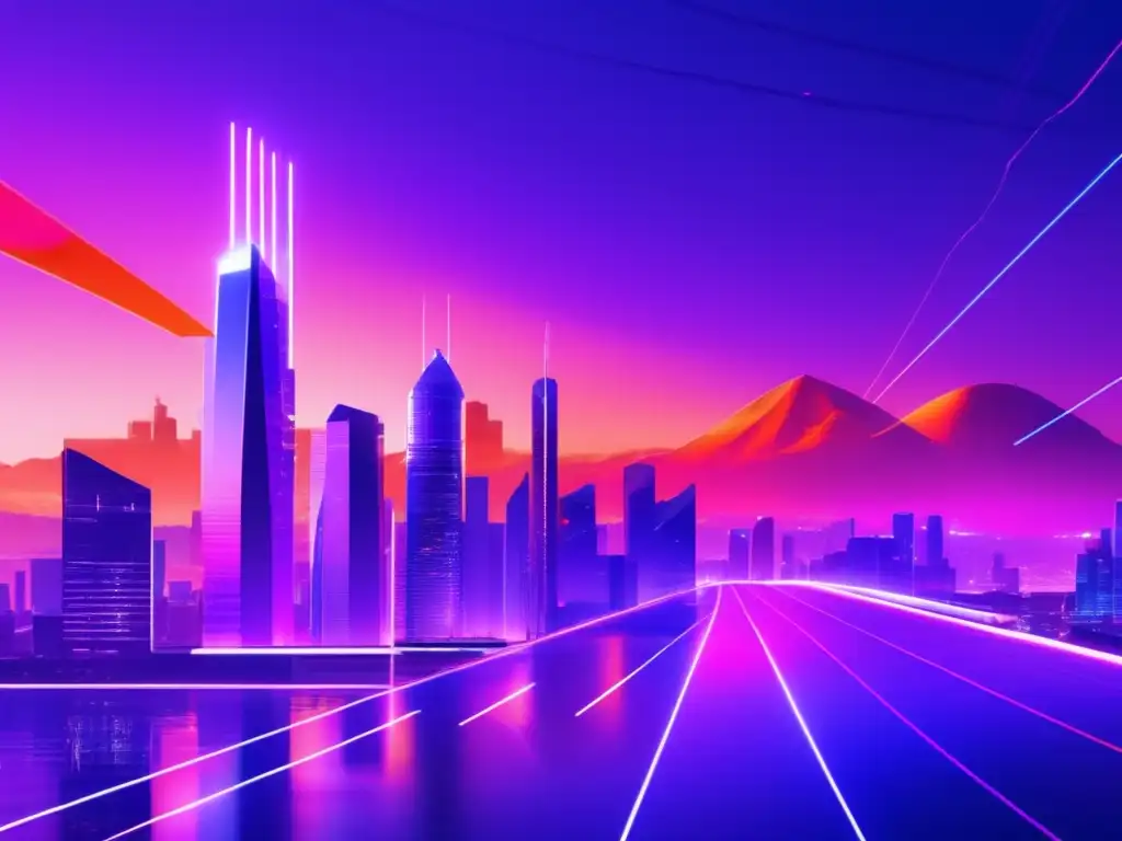 Ciudad futurista con rascacielos y tecnología Innovaciones Fintech e IA en Finanzas: Futurista ciudad con rascacielos holográficos y profesionales analizando datos financieros