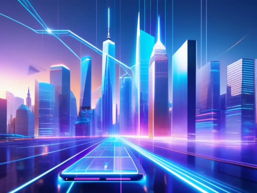 Distrito financiero futurista Innovaciones Fintech e IA en Finanzas: Futuro financiero con rascacielos, hologramas, drones y autos autónomos